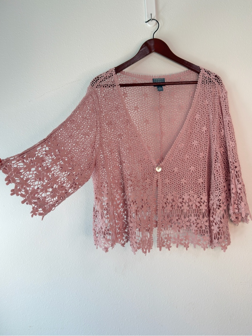 Vintage Dusty Rose Pink Crochet Knit Cardigan Sweater Womens 1X Boho Cottagecore